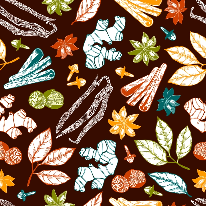 Hand-drawn herbs and spices background. Food seamless pattern. Kitchen spice sketches for packaging, fabric, menu, labels. NOT AI generated